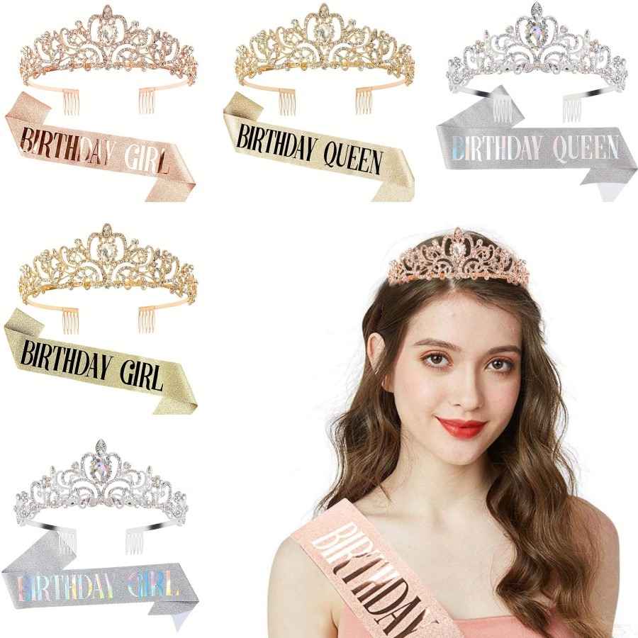 Birthday Sash Glitter - ชุดมงกุฎคริสตัลประดับเพชร 2 ชิ้น/ชุด พร้อมสายสะพายราชินีสำหรับสาววันเกิด ชุดตกแต่งงานวันเกิดสำหรับผู้หญิง