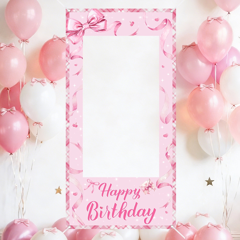 Photo Booth Frame - กรอบรูปโบว์สีชมพู กรอบรูปโบว์หวานๆ ฉากหลังตกแต่งงานวันเกิด อุปกรณ์ตกแต่งงานวันเกิดครบรอบ 1 ปี