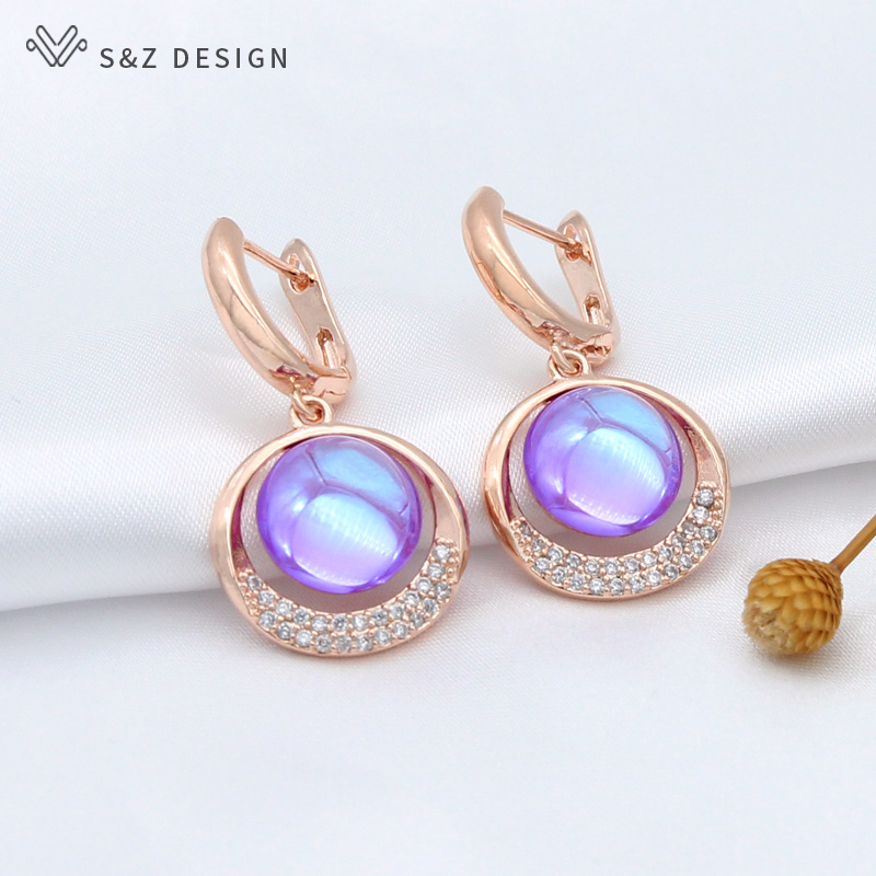 Event Z - S & Z ออกแบบใหม่อินเทรนด์585สีทองคำสีกุหลาบเพชรสังเคราะห์กลมจี้คริสตัลต่างหูสำหรับผู้หญิงเครื่องประดับงานแต่งงานของขวัญ