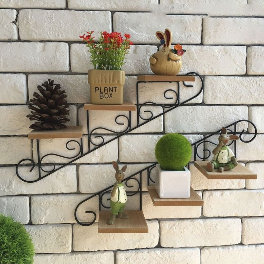 Flower Wall Panel - สไตล์อเมริกันติดผนังขาตั้งดอกไม้บันไดรูปร่างเหล็ก Art Wall ชั้นวาง Simple Wall