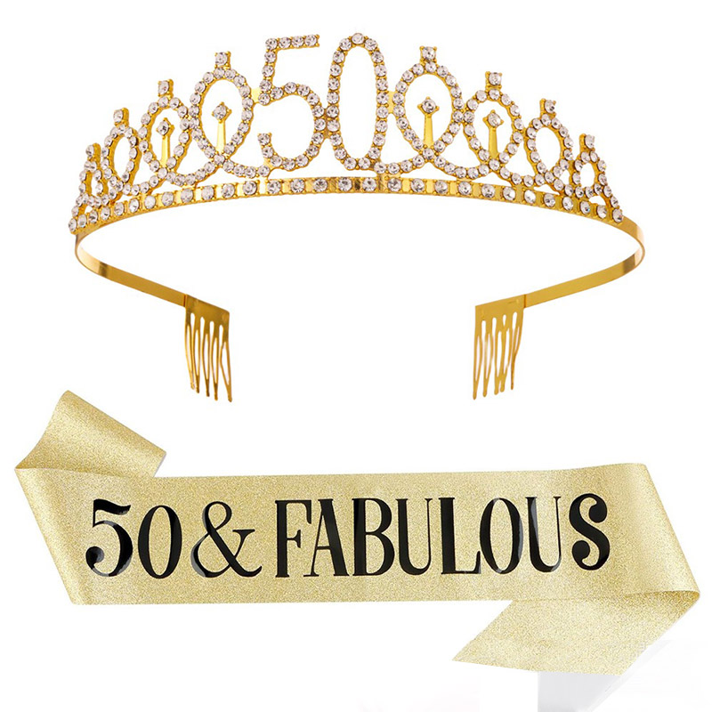 Birthday Sash Glitter - ชุดตกแต่งฉลองครบรอบวันเกิดครบรอบ 30-50 ปี สำหรับผู้หญิง มงกุฎคริสตัลวิบวับ พร้อมสายสะพายผ้าซาติน