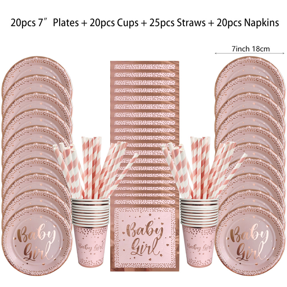 Paper Straw Color - Rose Gold Party Disposable Tableware ชุดผงกระดาษแผ่นถ้วยหลอดเด็กตกแต่ง