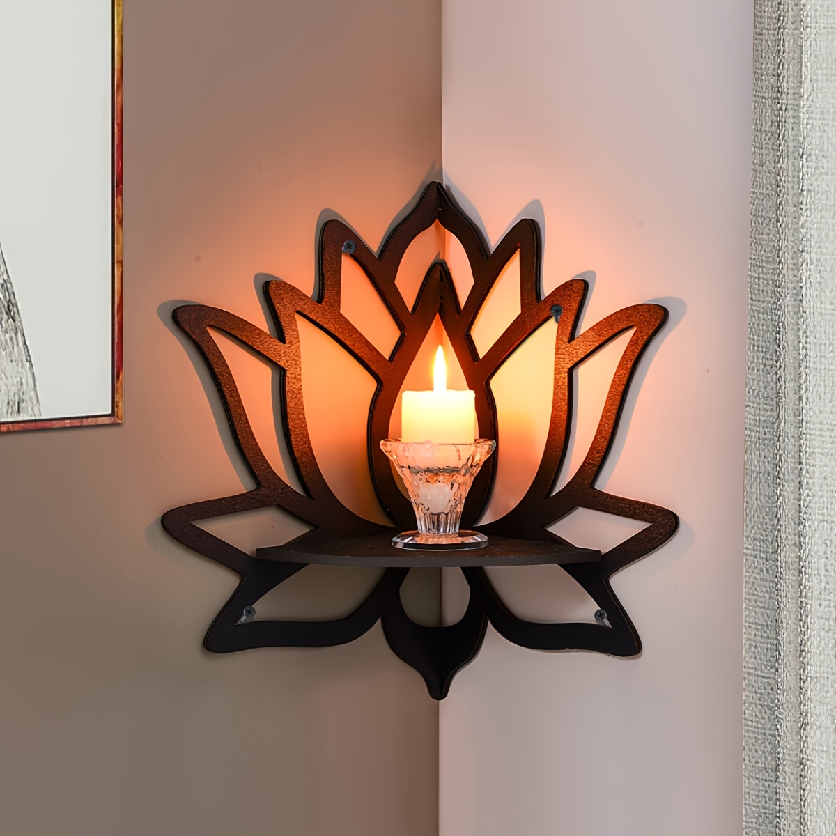 Flower Wall Panel - ชั้นวางของแบบลอยตัวรูปทรงดอกบัว, ชั้นวางของติดผนังแบบมุมกลวง, ชั้นวางของตกแต่งผนังสำหรับห้องนอนและห้องนั่งเล่น